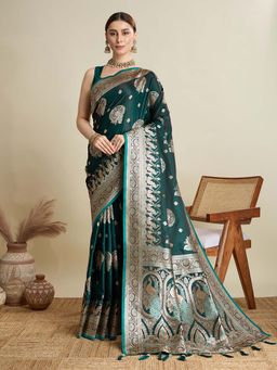 Vedant Vastram - Soft Litchi Silk Banarasi Green Saree with Unstitched Blouse