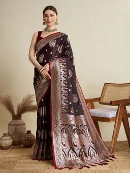 Vedant Vastram - Soft Litchi Silk Banarasi Maroon Saree with Unstitched Blouse