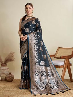 Vedant Vastram - Soft Litchi Silk Banarasi Navy Blue Saree with Unstitched Blouse