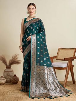 Vedant Vastram - Soft Litchi Silk Banarasi Green Saree with Unstitched Blouse