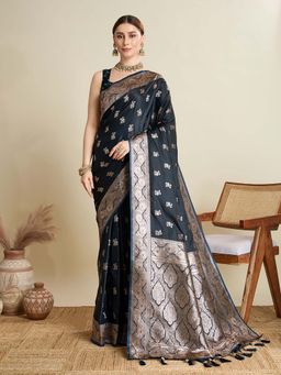 Vedant Vastram - Soft Litchi Silk Banarasi Navy Blue Saree with Unstitched Blouse
