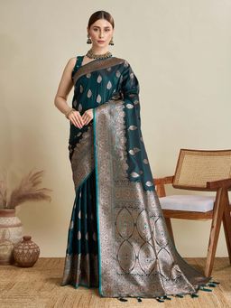 Vedant Vastram - Soft Litchi Silk Banarasi Green Saree with Unstitched Blouse