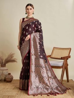 Vedant Vastram - Soft Litchi Silk Banarasi Maroon Saree with Unstitched Blouse