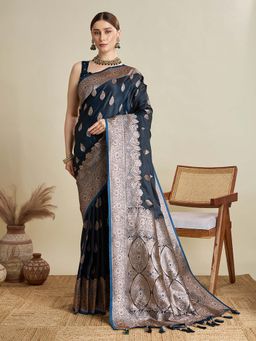 Vedant Vastram - Soft Litchi Silk Banarasi Navy Blue Saree with Unstitched Blouse