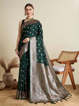 Vedant Vastram - Soft Litchi Silk Banarasi Green Saree with Unstitched Blouse