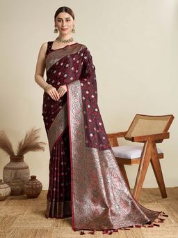 Vedant Vastram - Soft Litchi Silk Banarasi Maroon Saree with Unstitched Blouse