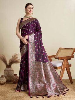 Vedant Vastram - Soft Litchi Silk Banarasi Purple Saree with Unstitched Blouse