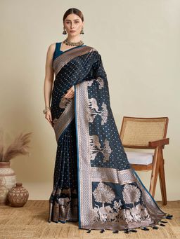 Vedant Vastram - Soft Litchi Silk Banarasi Navy Blue Saree with Unstitched Blouse