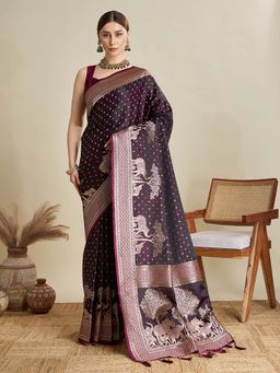 Vedant Vastram - Soft Litchi Silk Banarasi Purple Saree with Unstitched Blouse