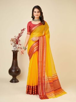 Vedant Vastram - Cotton Silk Jacquard Fancy Yellow Saree with Unstitched Blouse
