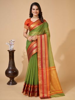 Vedant Vastram - Cotton Silk Jacquard Fancy Green Saree with Unstitched Blouse