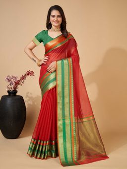 Vedant Vastram - Cotton Silk Jacquard Fancy Maroon Saree with Unstitched Blouse