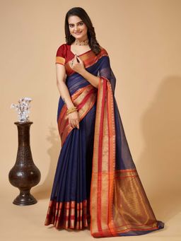 Vedant Vastram - Cotton Silk Jacquard Fancy Navy Blue Saree with Unstitched Blouse