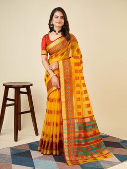 Vedant Vastram - Cotton Silk Jacquard Fancy Mustard Saree with Unstitched Blouse