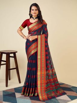 Vedant Vastram - Cotton Silk Jacquard Fancy Navy Blue Saree with Unstitched Blouse