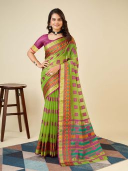 Vedant Vastram - Cotton Silk Jacquard Fancy Green Saree with Unstitched Blouse