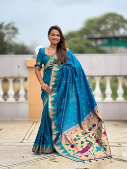 Vedant Vastram - Soft Litchi Silk Banarasi Blue Saree with Unstitched Blouse