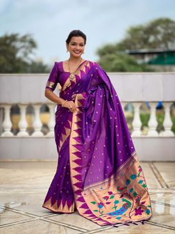 Vedant Vastram - Soft Litchi Silk Banarasi Purple Saree with Unstitched Blouse