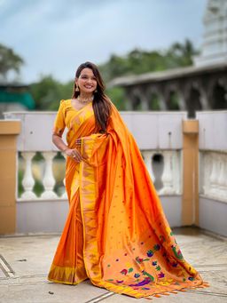 Vedant Vastram - Soft Litchi Silk Banarasi Orange Saree with Unstitched Blouse