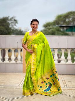 Vedant Vastram - Soft Litchi Silk Banarasi Green Saree with Unstitched Blouse