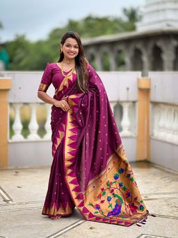 Vedant Vastram - Soft Litchi Silk Banarasi Purple Saree with Unstitched Blouse