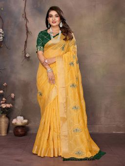 Vedant Vastram - Sequin Work Yellow Saree with Unstitched Blouse