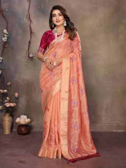 Vedant Vastram - Sequin Work Peach Saree with Unstitched Blouse