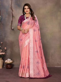 Vedant Vastram - Sequin Work Pink Saree with Unstitched Blouse