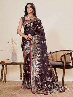 Vedant Vastram - Soft Litchi Silk Banarasi Maroon Saree with Unstitched Blouse