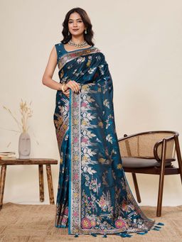 Vedant Vastram - Soft Litchi Silk Banarasi Teal Saree with Unstitched Blouse