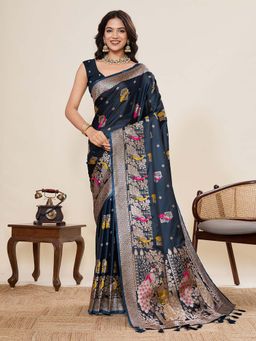 Vedant Vastram - Soft Litchi Silk Banarasi Navy Blue Saree with Unstitched Blouse