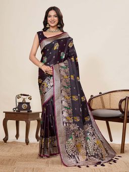 Vedant Vastram - Soft Litchi Silk Banarasi Wine Saree with Unstitched Blouse