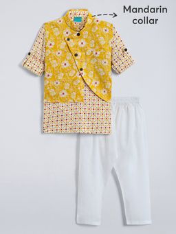 Hopscotch - Boys Mustard Cotton Floral Kurta with Pyjama and Nehru Jacket