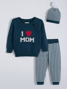 Hopscotch - Unisex Teal Viscose Blend Textured Sweater with Joggers and Cap