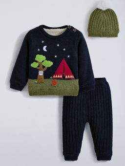 Hopscotch - Unisex Navy Blue Acrylic Textured Sweater with Joggers and Cap