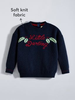 Hopscotch - Girls Navy Blue Viscose Blend Typography Sweater