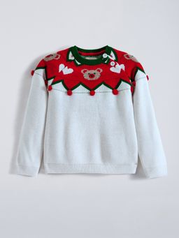 Hopscotch - Girls White Viscose Blend Textured Sweater