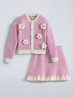 Hopscotch - Girls Pink Viscose Blend Floral Sweater with Skirt