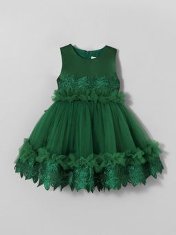 Hopscotch - Girls Green Polyester Blend Self Design Dress