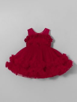 Hopscotch - Girls Red Polyester Blend Self Design Dress