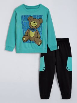 Hopscotch - Unisex Green Cotton Printed Sweatshirt with Joggers