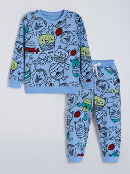 Hopscotch - Unisex Blue Cotton Printed Sweatshirt with Joggers