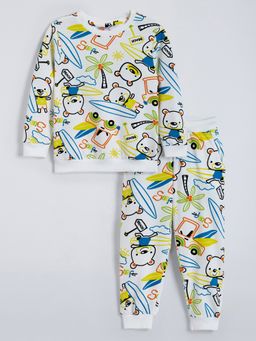 Hopscotch - Unisex White Cotton Printed Sweatshirt with Joggers