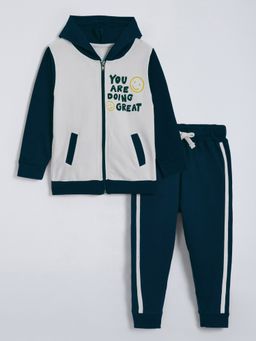 Hopscotch - Unisex Teal Cotton Colorblock Sweatshirt with Joggers