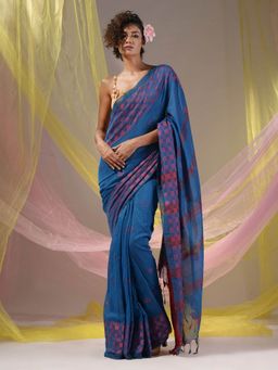 CHARUKRITI - Cobalt Blue Cotton Handloom Soft Geometric Border Saree with Unstitched Blouse