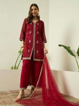 Gahan - Womens Floral Embroidered Chanderi Cotton Silk Kurta with Palazzo and Dupatta