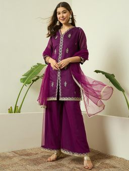 Gahan - Womens Floral Embroidered Chanderi Cotton Silk Kurta with Palazzo and Dupatta