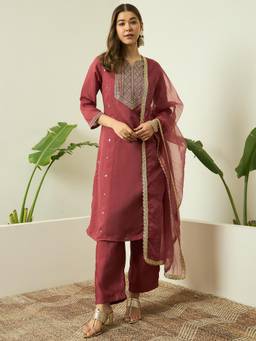 Gahan - Womens Embroidered Silk Blend Kurta with Pant and Organza Dupatta
