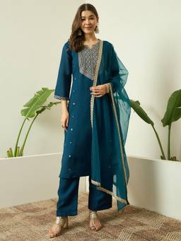 Gahan - Womens Embroidered Silk Blend Kurta with Pant and Organza Dupatta