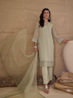 Gahan - Solid Chiffon Kurta with Silk Blend Pant and Organza Dupatta